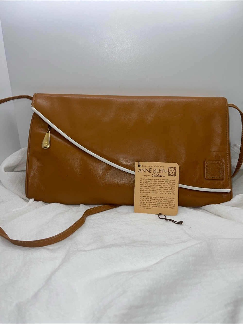 Vintage 80s NEW Anne Klein for Calderon Leather Clutch Crossbody dk TAN